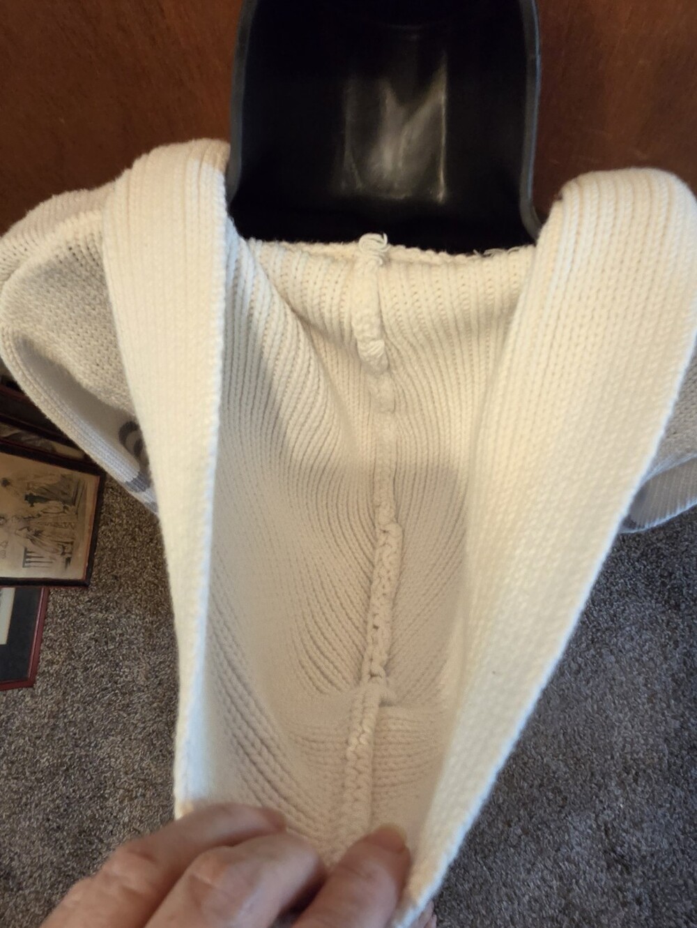 "if it were me" White Knit Button Cardigan Hoodie Gray Stripe Sleeves SzL - Picture 5 of 6